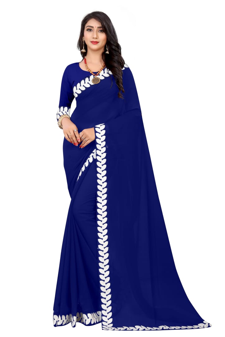 Navy Blue Saree In Georgette Silk With Fancy Lace Work