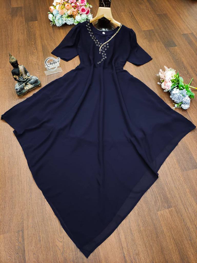 Navy Blue Anarkali Suit In Georgette Silk With Hand Work