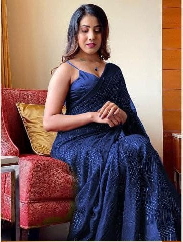 Navy Blue Saree In Georgette Silk With Sequence Work