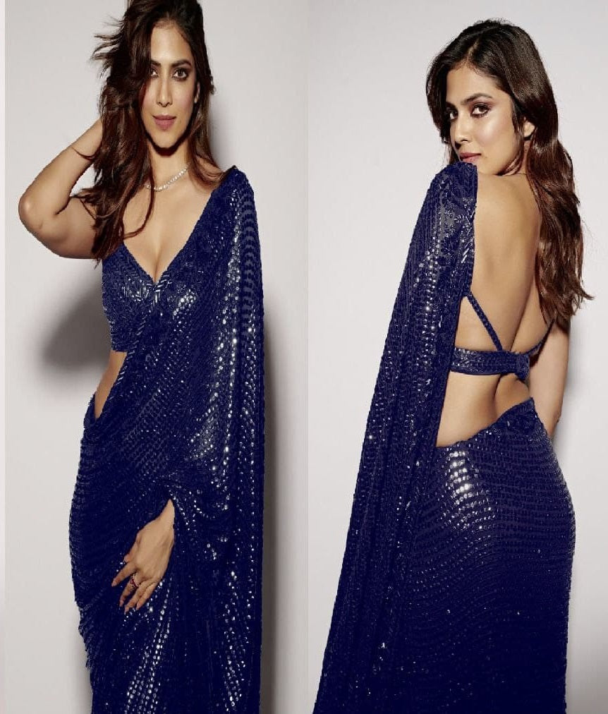 Navy Blue Saree In Georgette Silk With Sequence Work