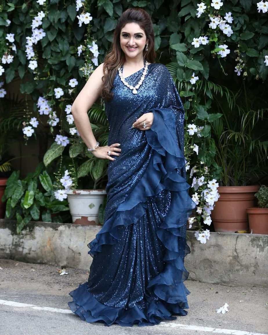 Navy Blue Saree In Georgette Silk With Tone To Tone Sequence Work