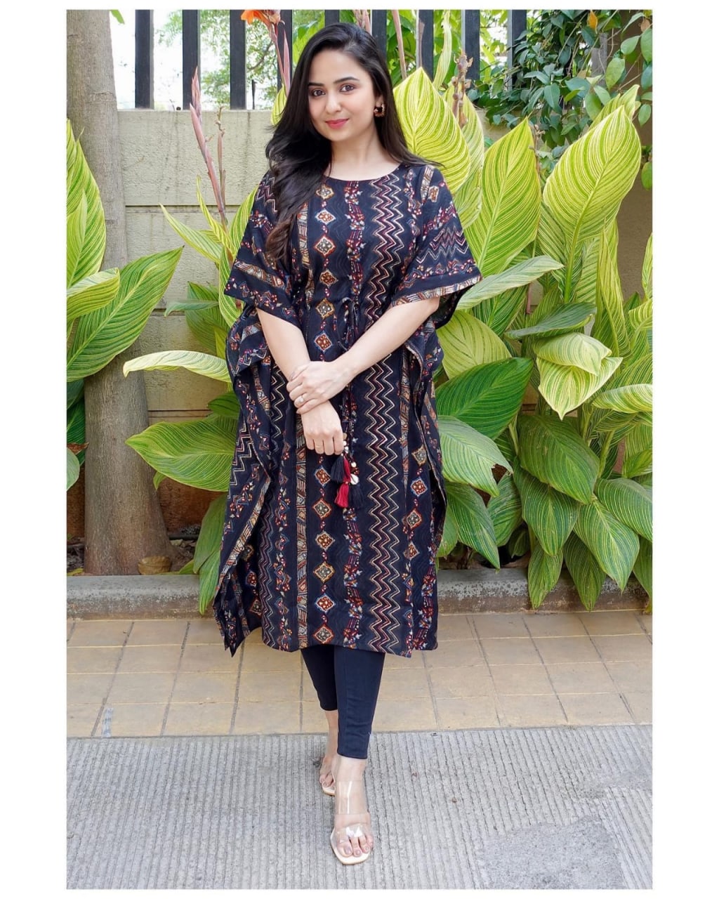 Navy Blue Heavy Butter Silk Digital Printed Kaftan Dress