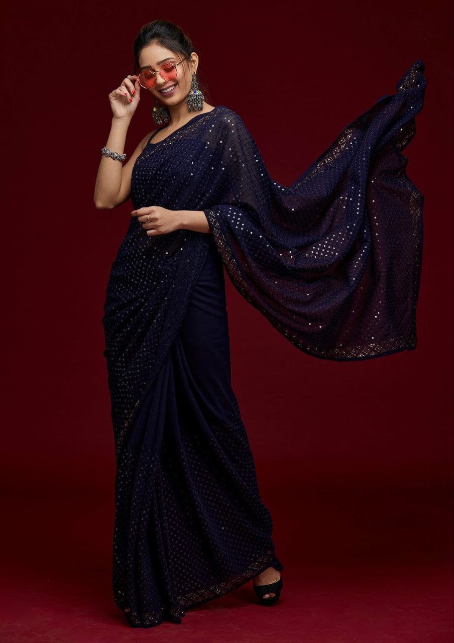 Navy Blue Heavy Georgette 7 MM Sequence Work Saree