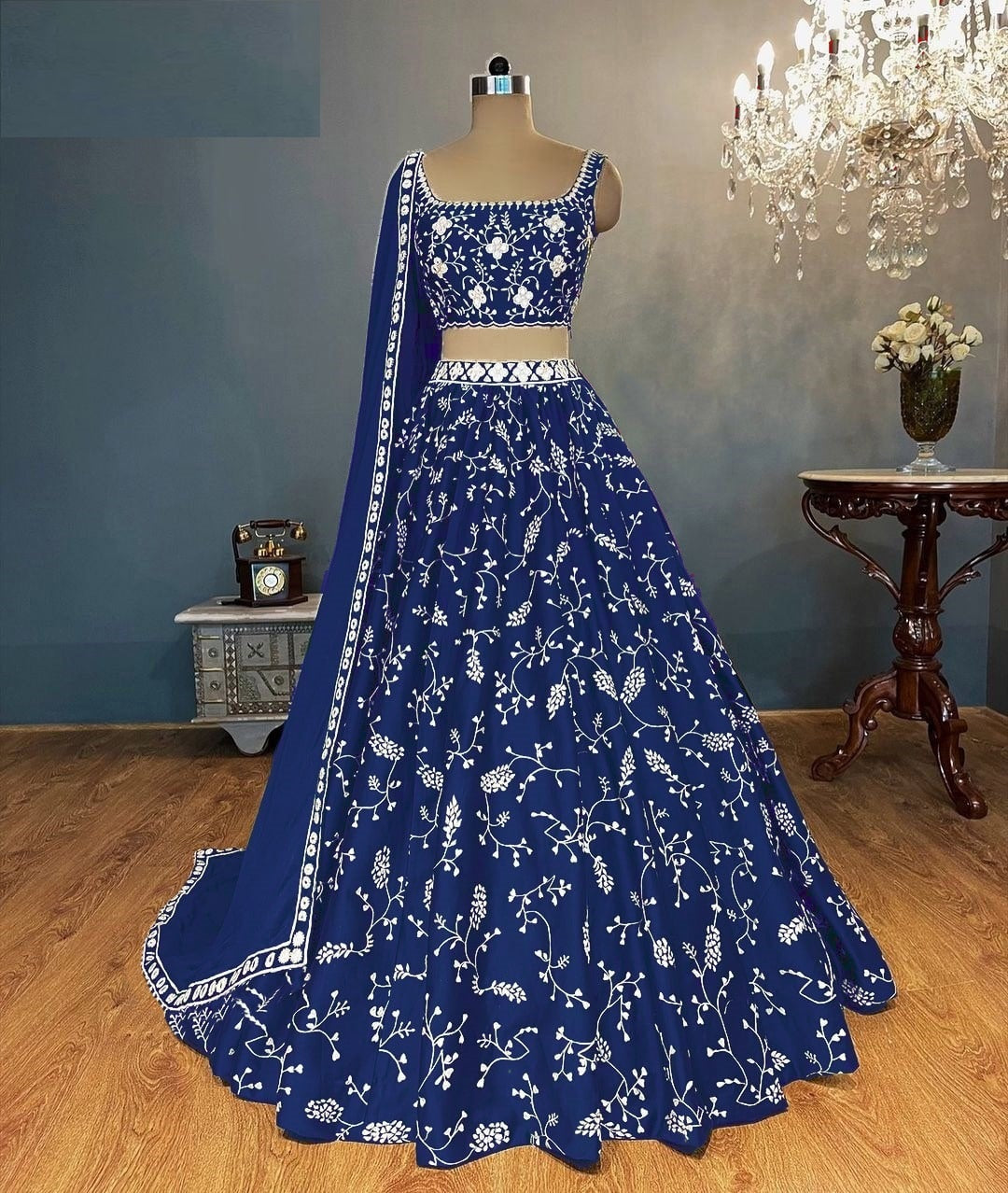 Navy Blue Lehenga Choli In Heavy Taffeta Silk With Embroidery Work