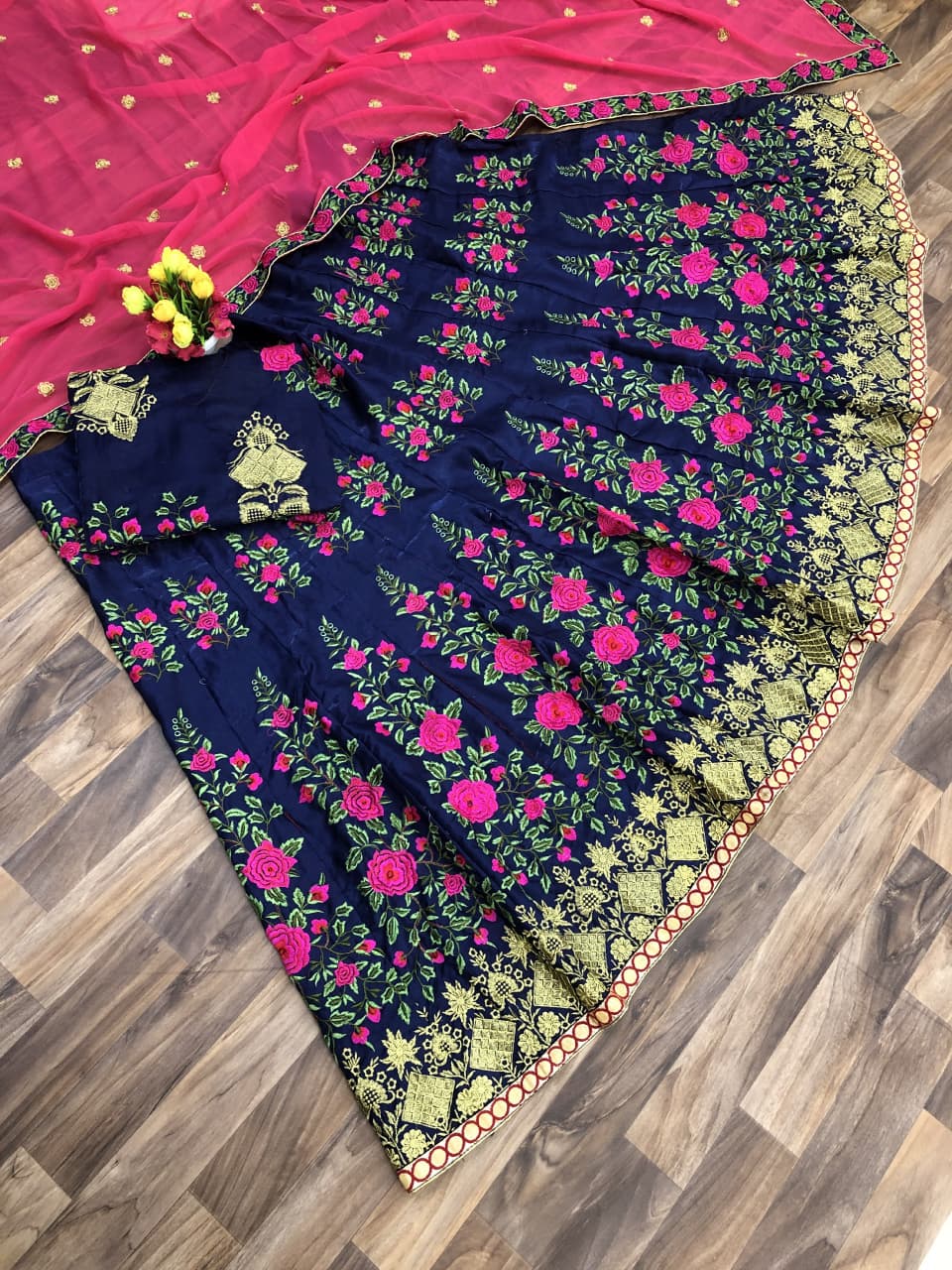 Navy Blue Lehenga Choli In Banglory Satin Silk With Thread Work