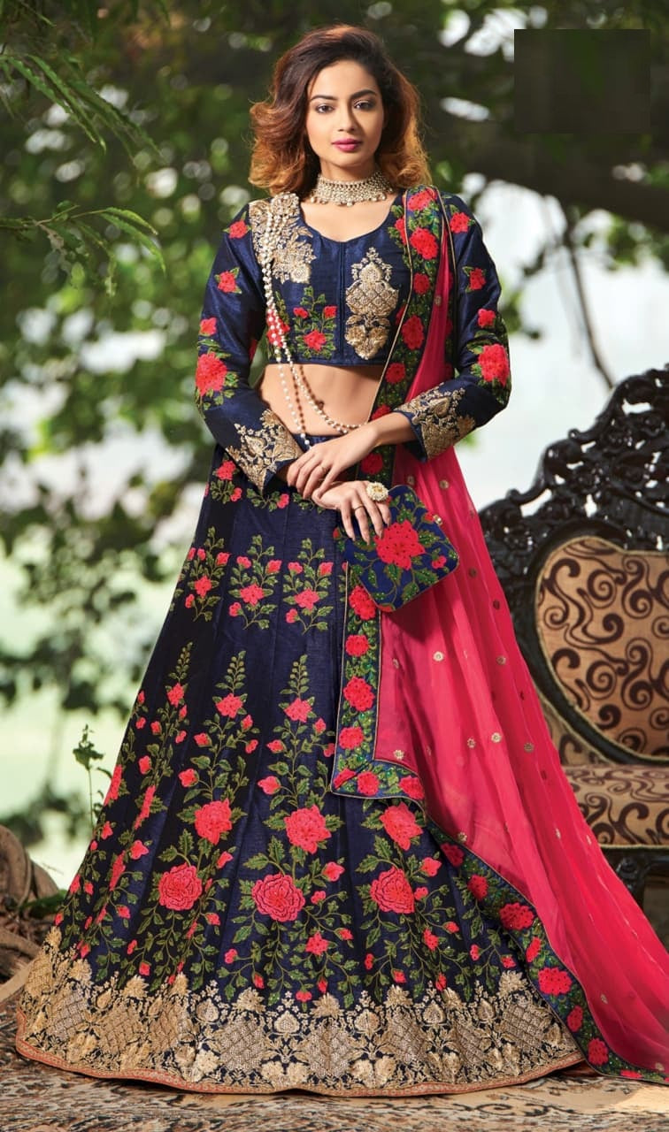 Navy Blue Lehenga Choli In Banglory Satin Silk With Thread Work