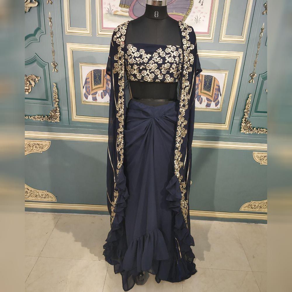 Navy Blue Lehenga Choli In Georgette Silk With Embroidery Work