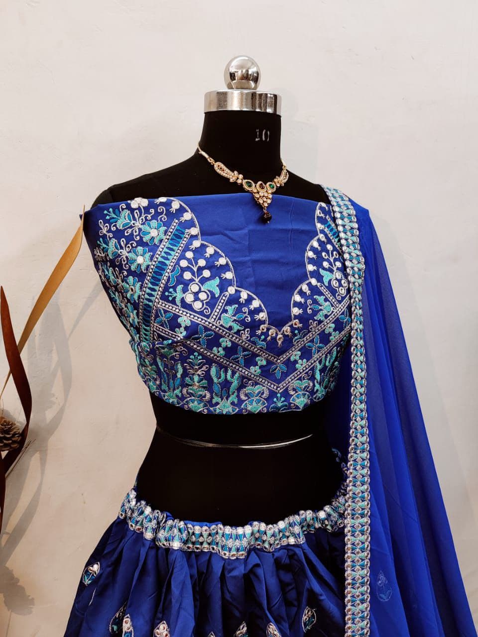 Navy Blue Lehenga Choli In Taffeta Silk With Thread Embroidery Work