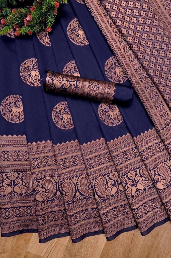 Navy Blue Lichi Silk Banarasi Saree With Blouse