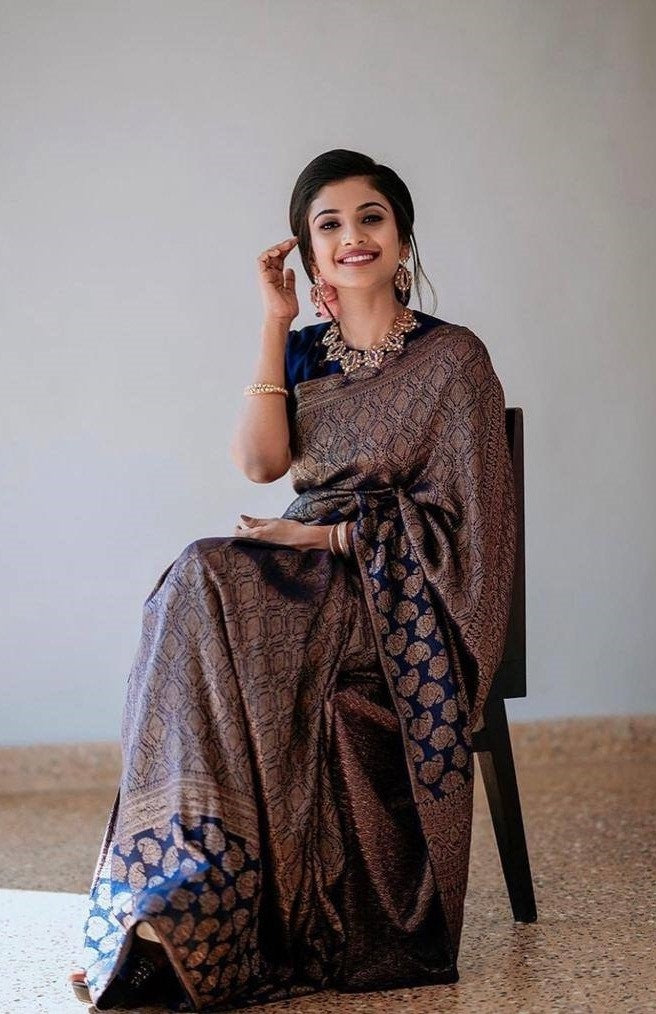 Navy Blue Lichi Silk Banarasi Saree With Blouse