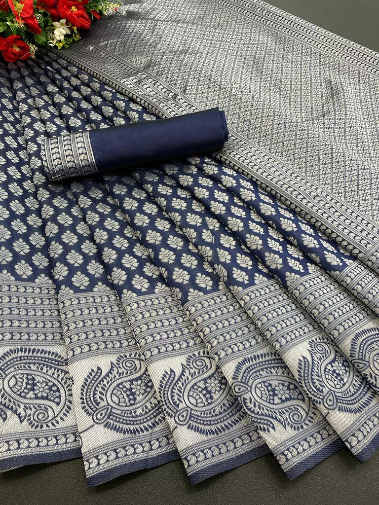 Navy Blue Lichi Silk Banarasi Saree With Blouse