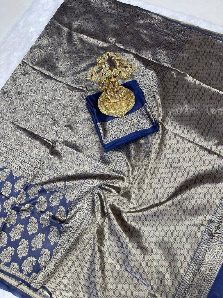 Navy Blue Lichi Silk Banarasi Saree With Blouse