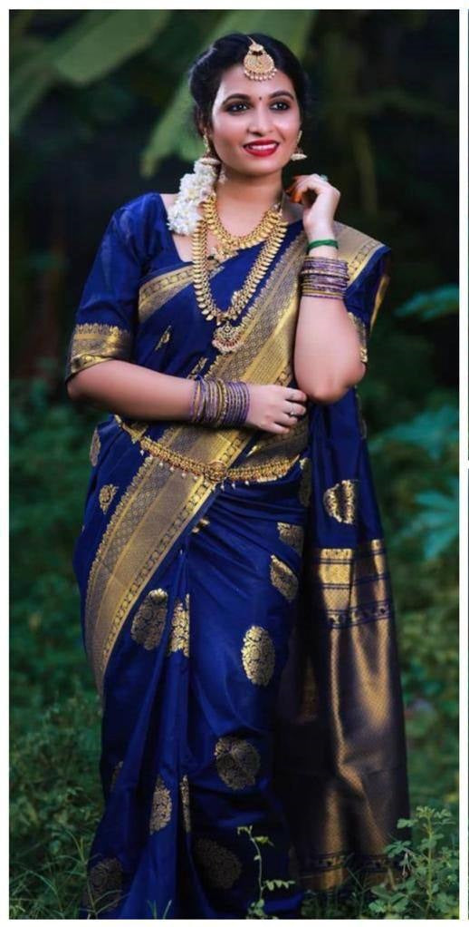 Navy Blue Lichi Silk Party Wear Saree With Blouse