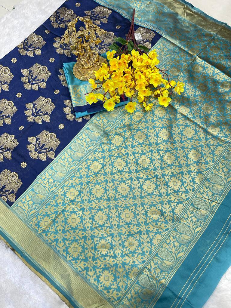 Navy Blue Lichi Silk Wedding Wear Banarasi Saree With Blouse