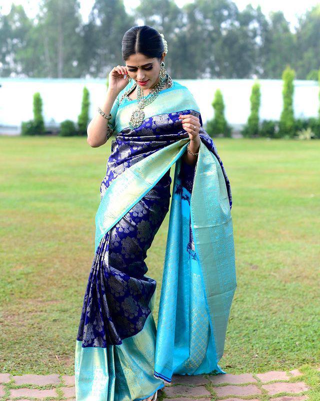 Navy Blue Lichi Silk Wedding Wear Banarasi Saree With Blouse