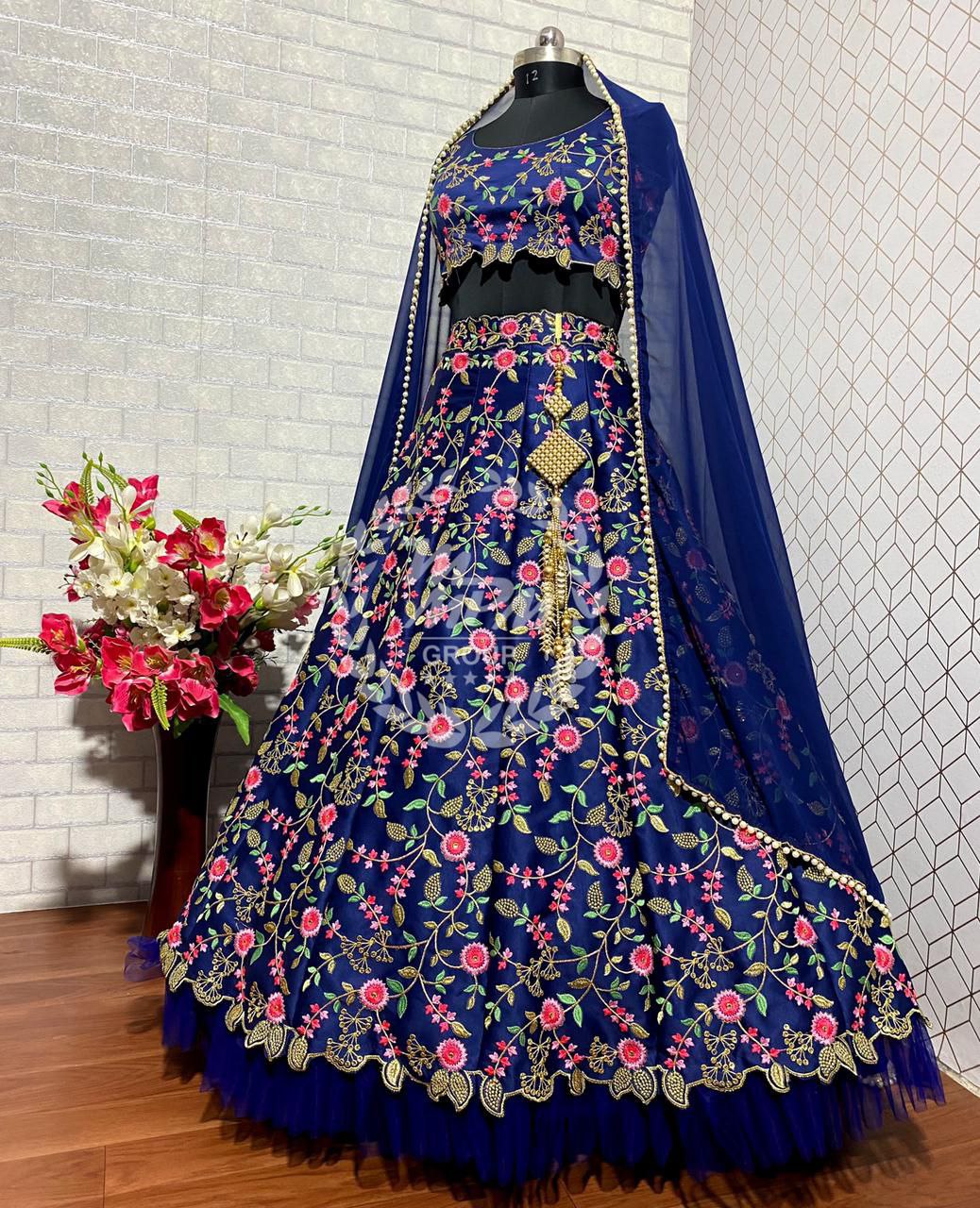 Navy Blue Lehenga Choli In Malai Satin Silk With 5 MM Sequence Work