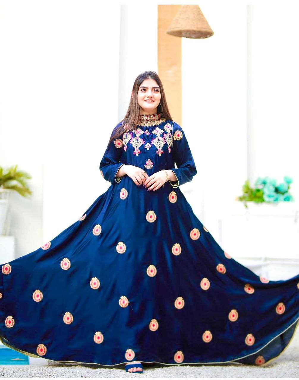 Navy Blue Gown In Malai Satin Silk With Embroidery Work