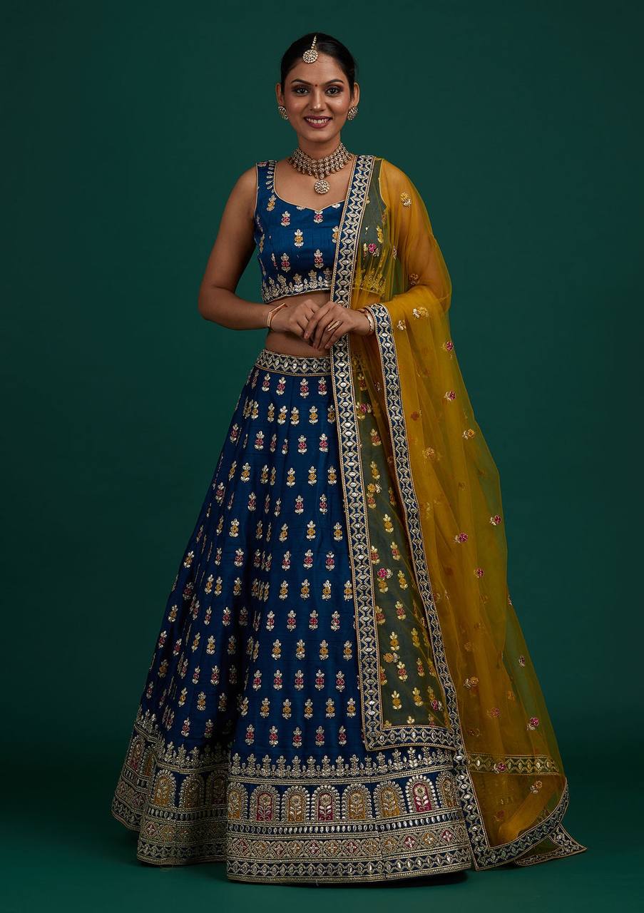 Navy Blue Lehenga Choli In Malai Satin Silk With Embroidery Work