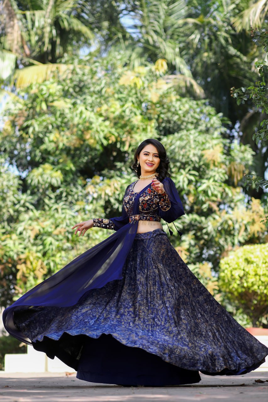 Navy Blue Malai Silk Heavy Digital Printed Lehenga Choli With Belt