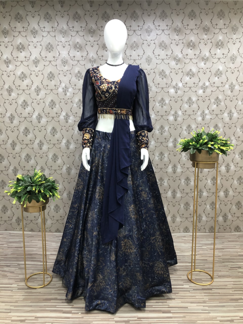 Navy Blue Malai Silk Heavy Digital Printed Lehenga Choli With Belt