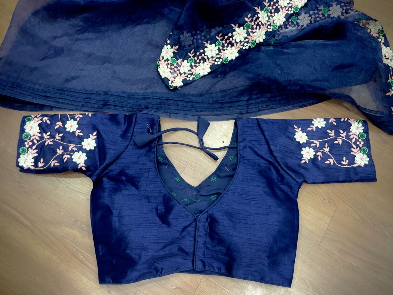 Navy Blue Saree In Organza Silk With Hand Work