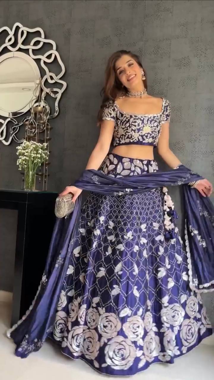 Navy Blue Lehenga Choli In Paper Silk With Embroidery Work