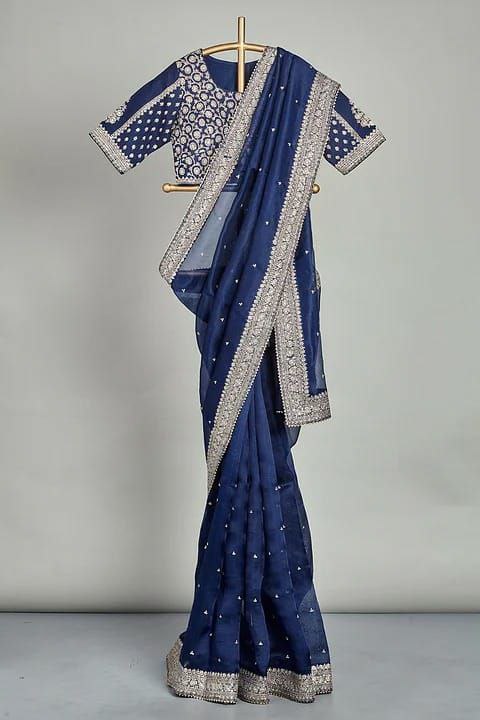 Navy Blue Saree In Rangoli Silk With Embroidery Work