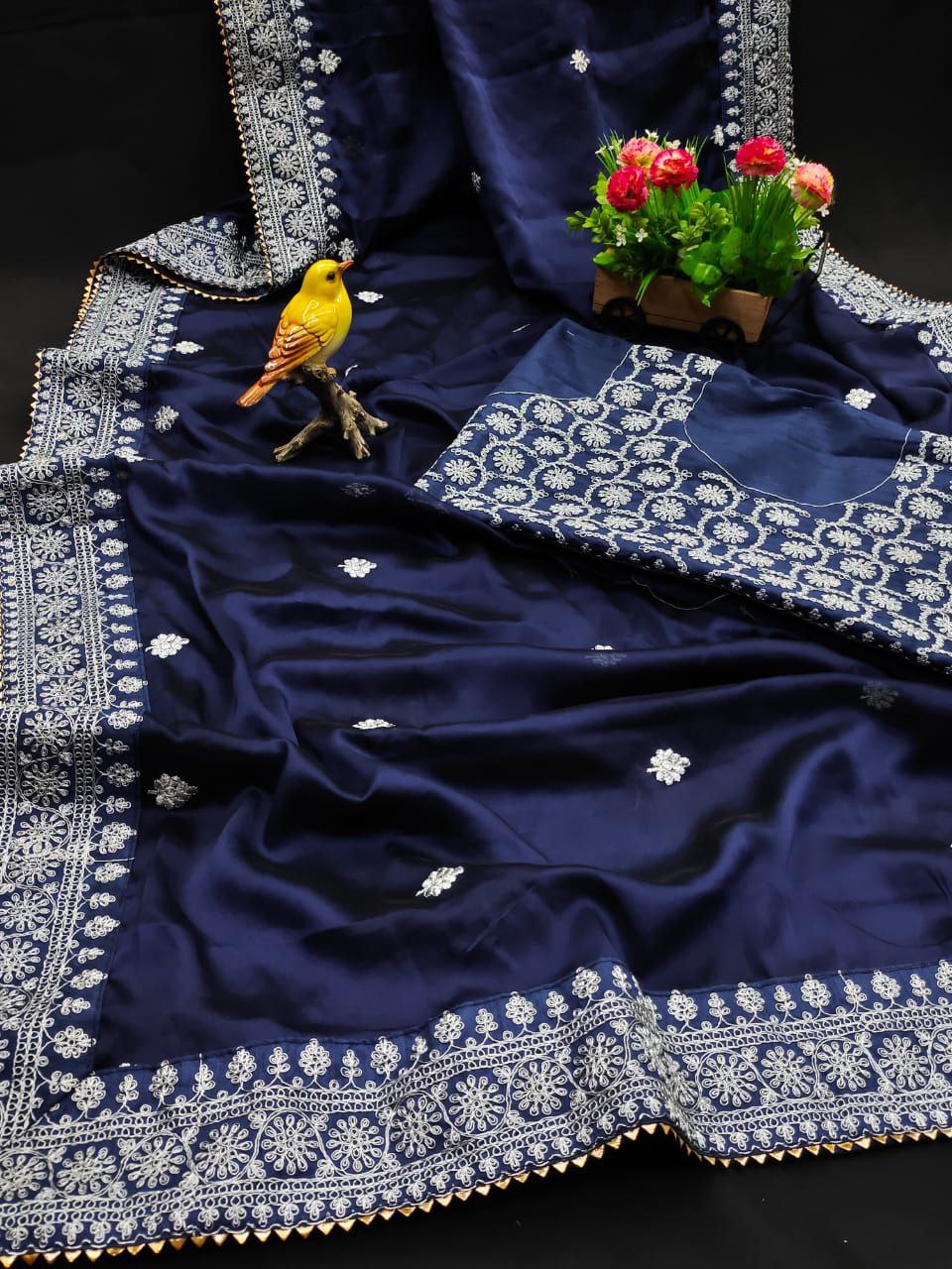 Navy Blue Saree In Rangoli Silk With Embroidery Work