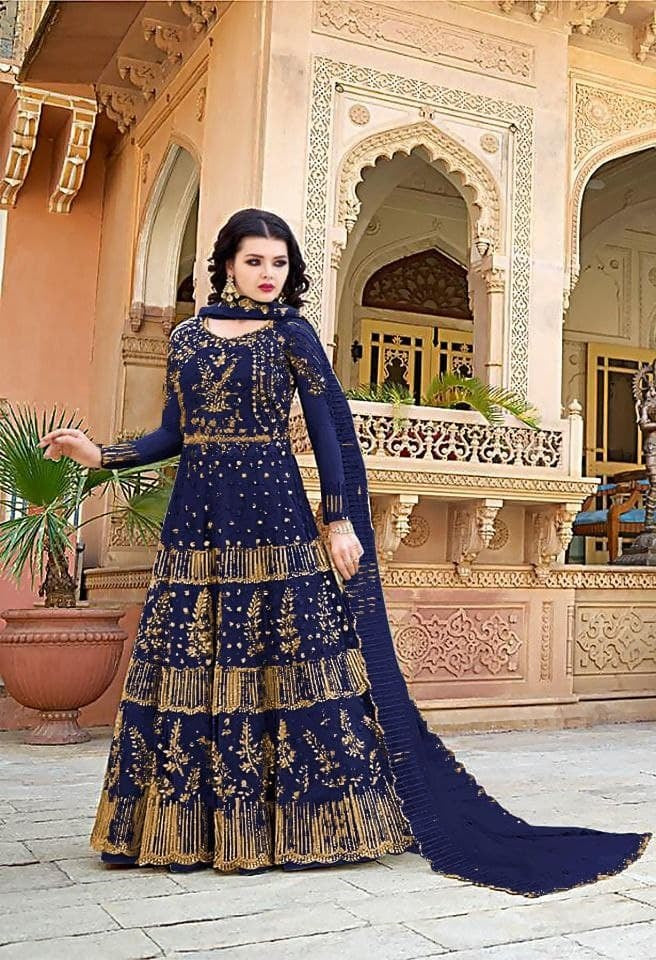 Navy Blue Salwar Suit In Butterfly Mono Net With Embroidery Work