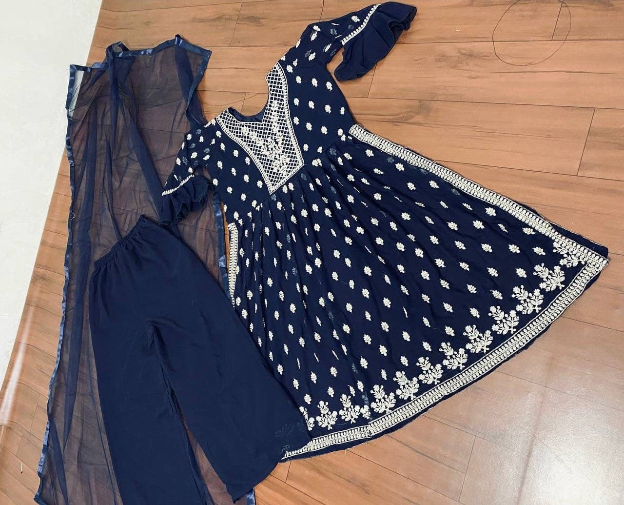 Navy Blue Salwar Suit In Fox Georgette With Embroidery Work