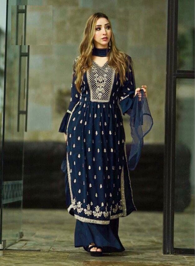 Navy Blue Salwar Suit In Fox Georgette With Embroidery Work