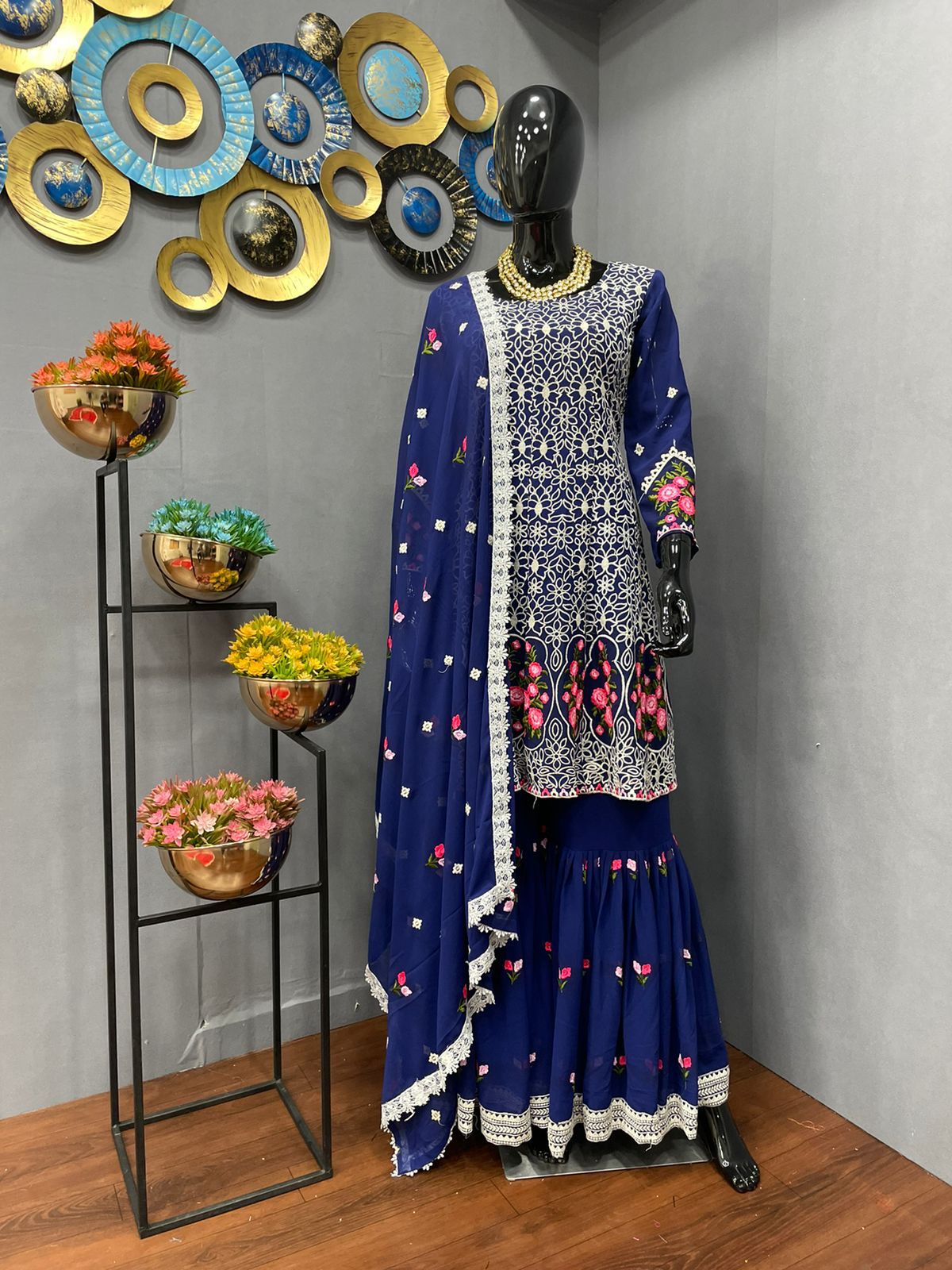 Navy Blue Salwar Suit In Georgette Silk With Embroidery Work
