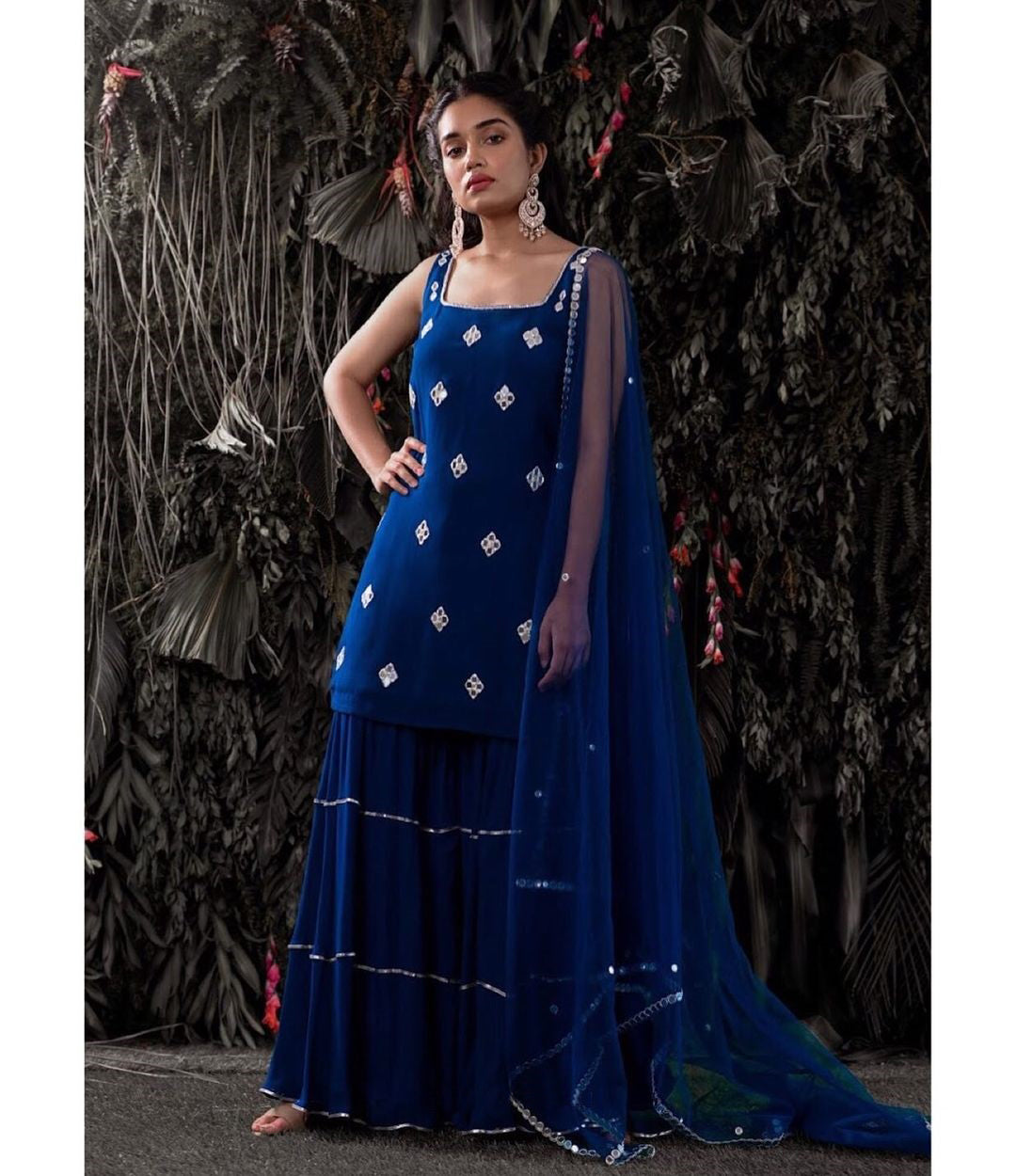 Navy Blue Salwar Suit In Georgette Silk With Paper Mirror Work