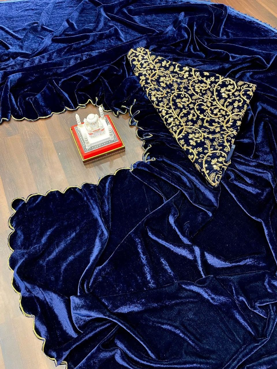 Navy Blue Saree In 9000 Velvet With Heavy Embroidery Work