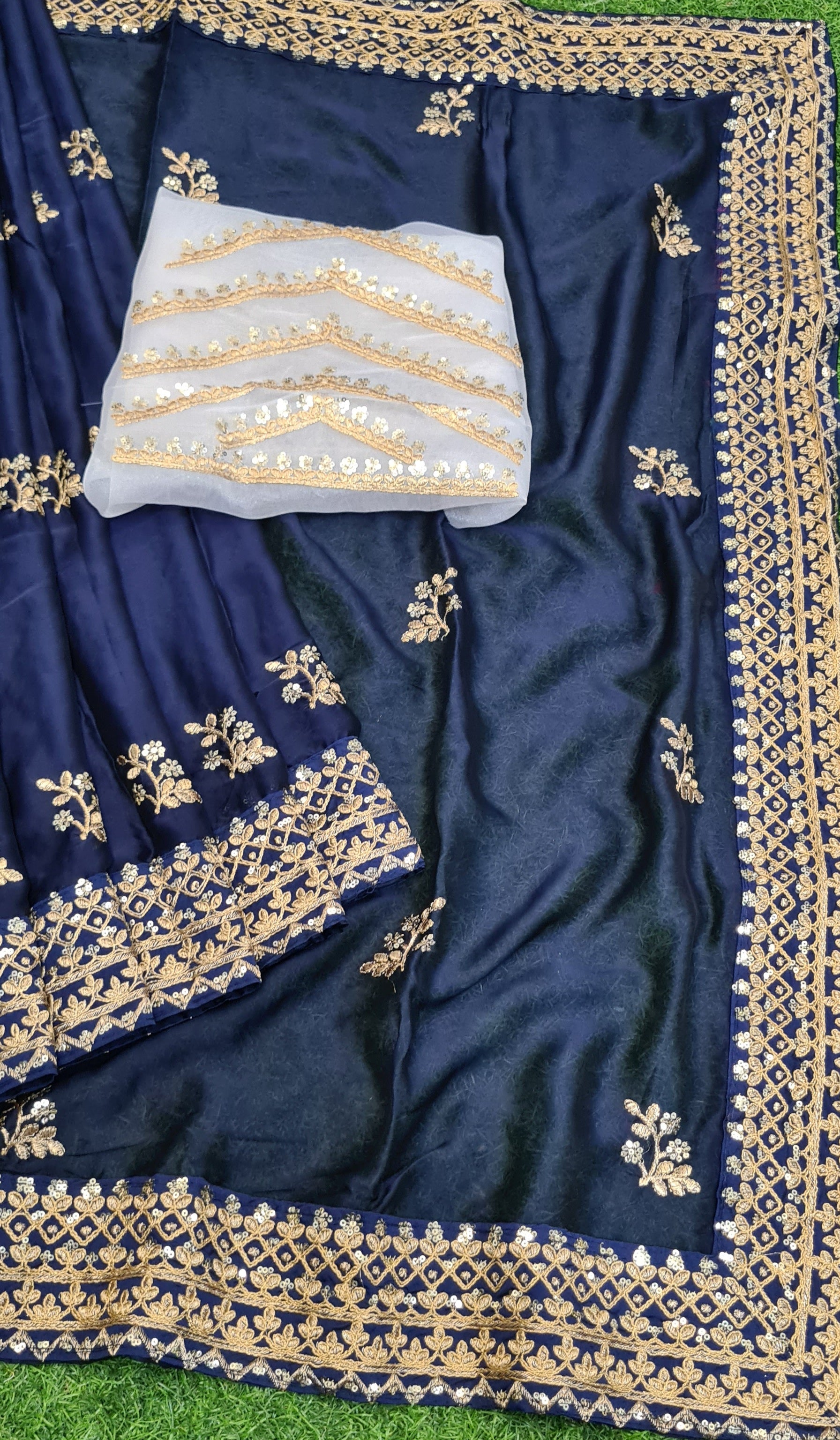 Navy Blue Saree In Rangoli Georgette Silk With Fancy Thread Work