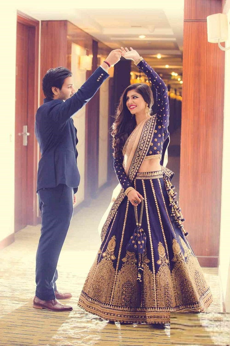 Navy Blue Lehenga Choli In Satin Banglory Silk With Embroidery Work