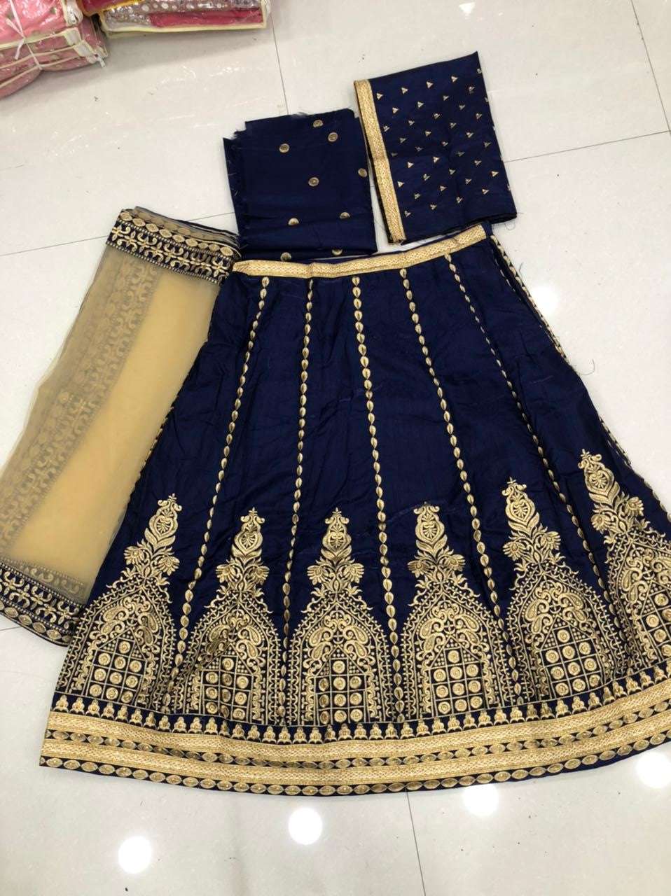 Navy Blue Lehenga Choli In Satin Banglory Silk With Embroidery Work