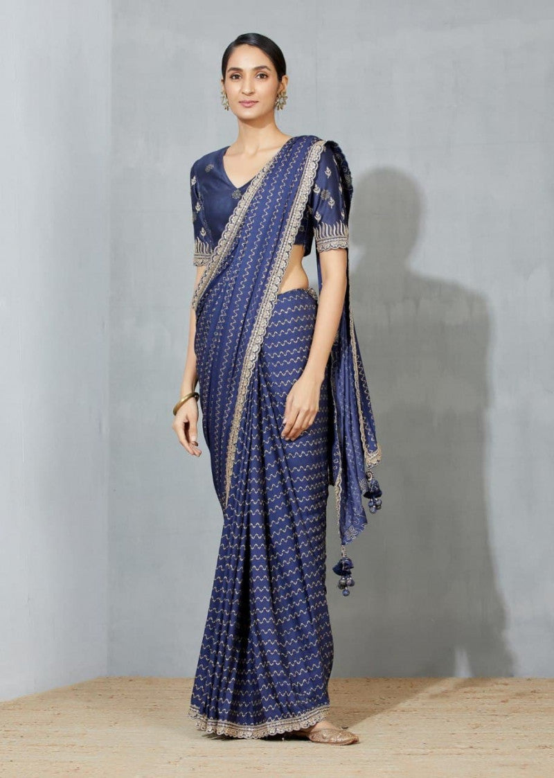 Navy Blue Saree In Satin With Embroidery Work