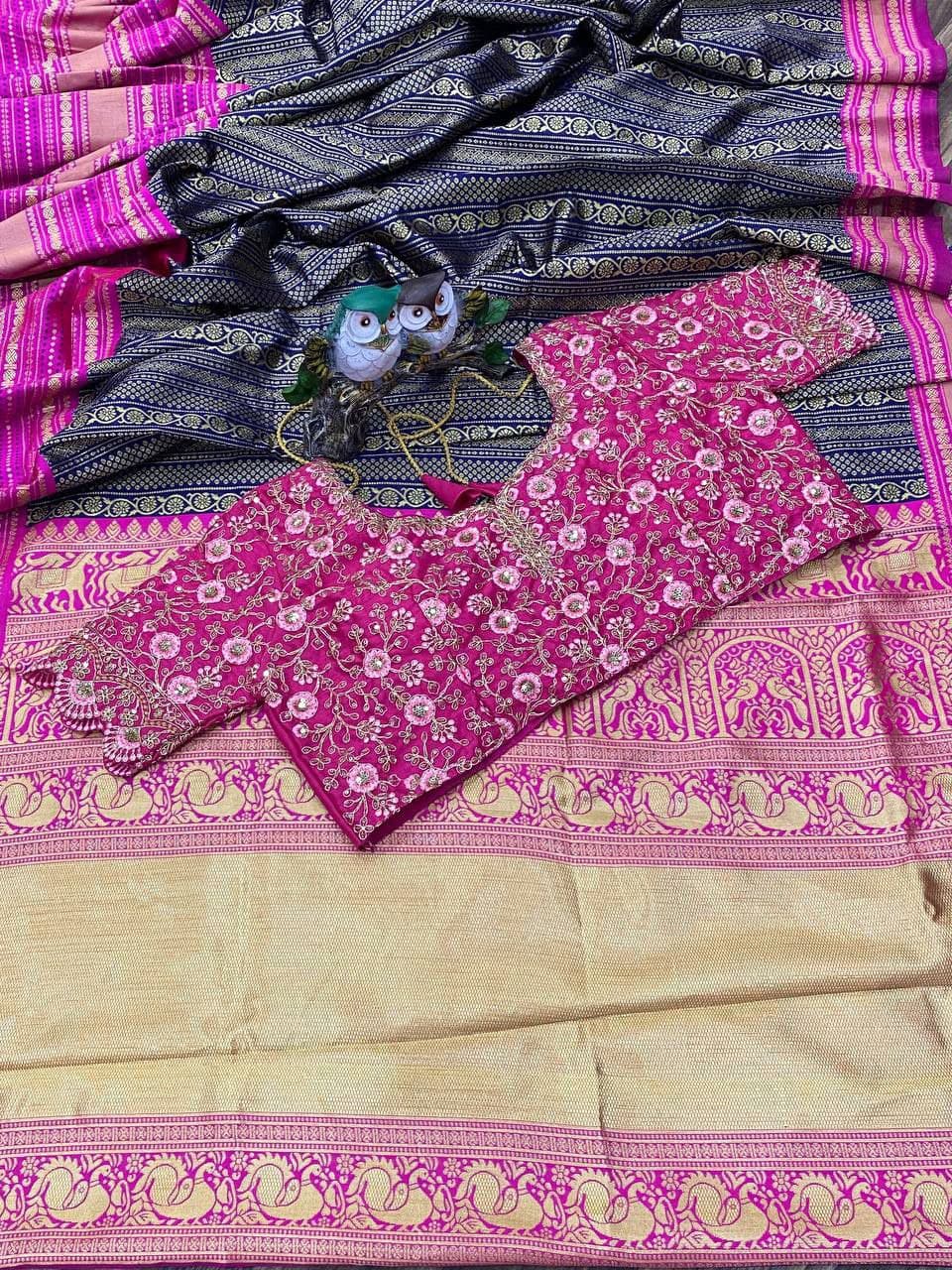 Navy Blue Soft Banarasi Silk Weaving Work Saree With Stitched Blouse