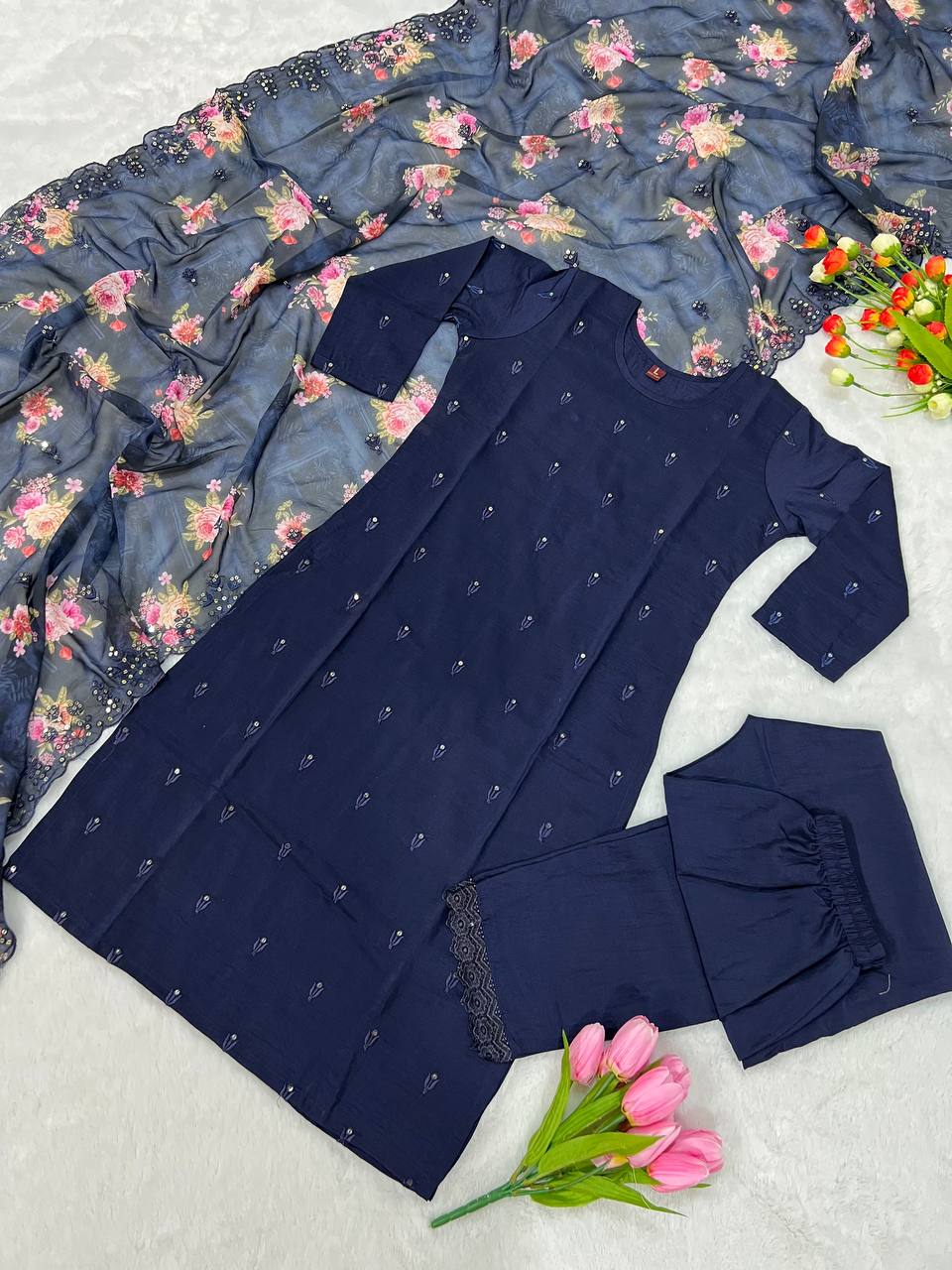 Navy Blue Salwar Suit In Soft Maska Cotton Silk With Embroidery Work