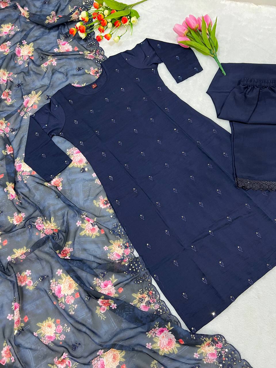 Navy Blue Salwar Suit In Soft Maska Cotton Silk With Embroidery Work