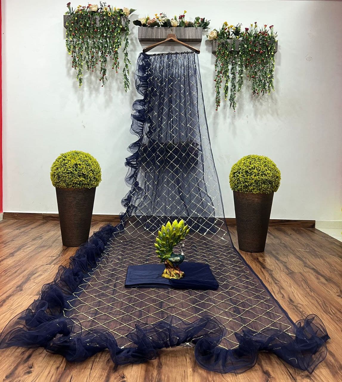 Navy Blue Saree In Soft Net With Sequence Work