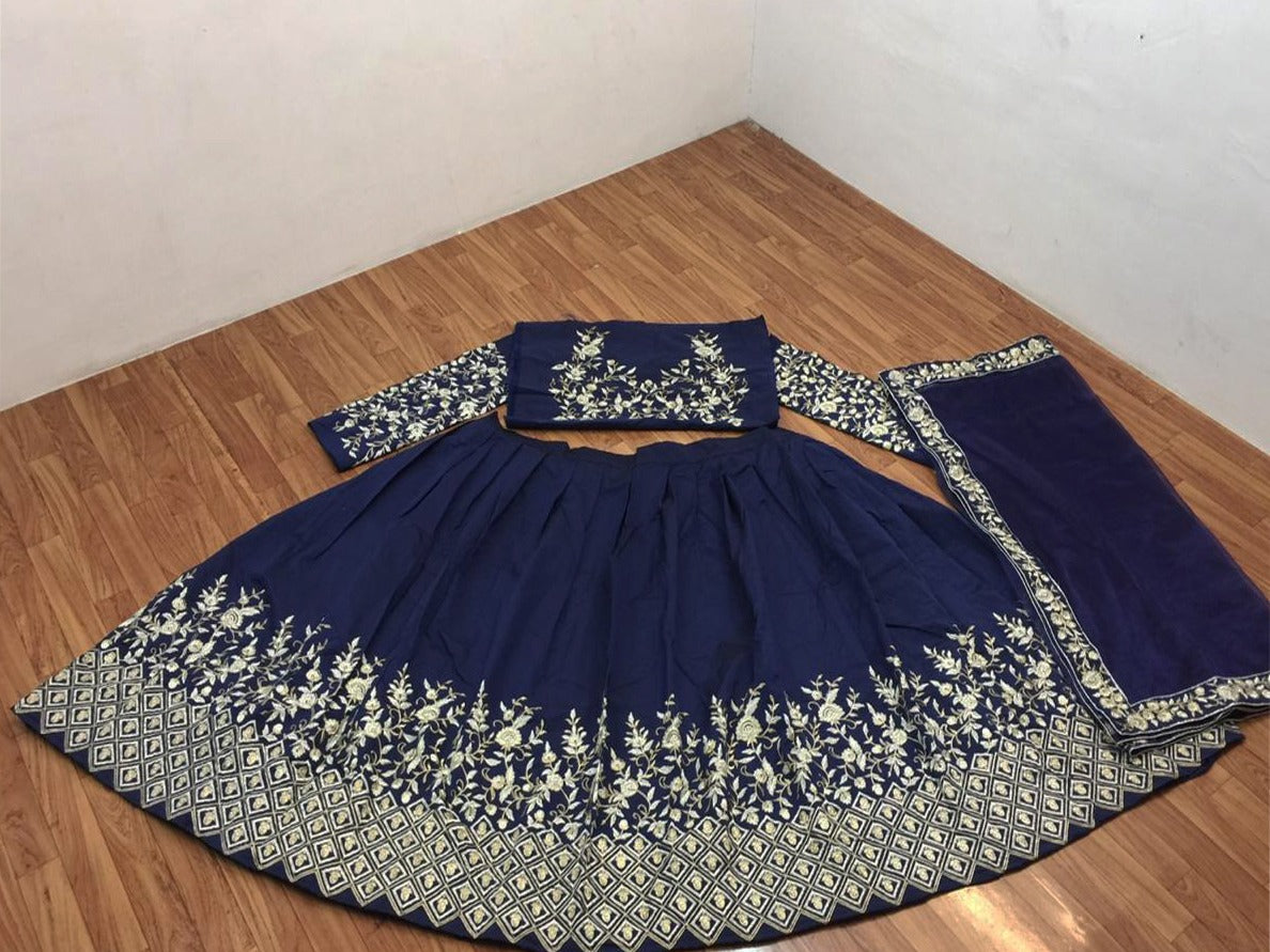 Navy Blue Lehenga Choli In Taffeta Silk With Embroidery Work