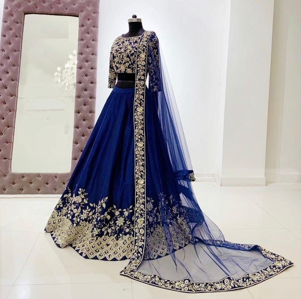 Navy Blue Lehenga Choli In Taffeta Silk With Embroidery Work