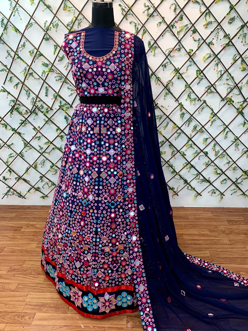 Navy Blue Lehenga Choli In Taffeta Silk With Paper Mirror Work