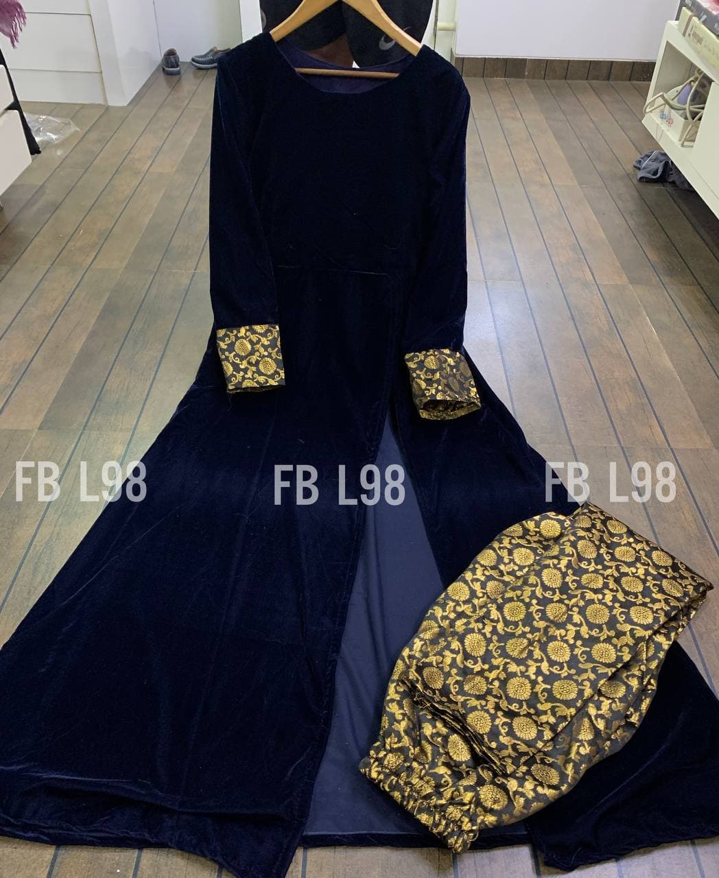 Navy Blue Velvet Top With Banarasi Silk Pant