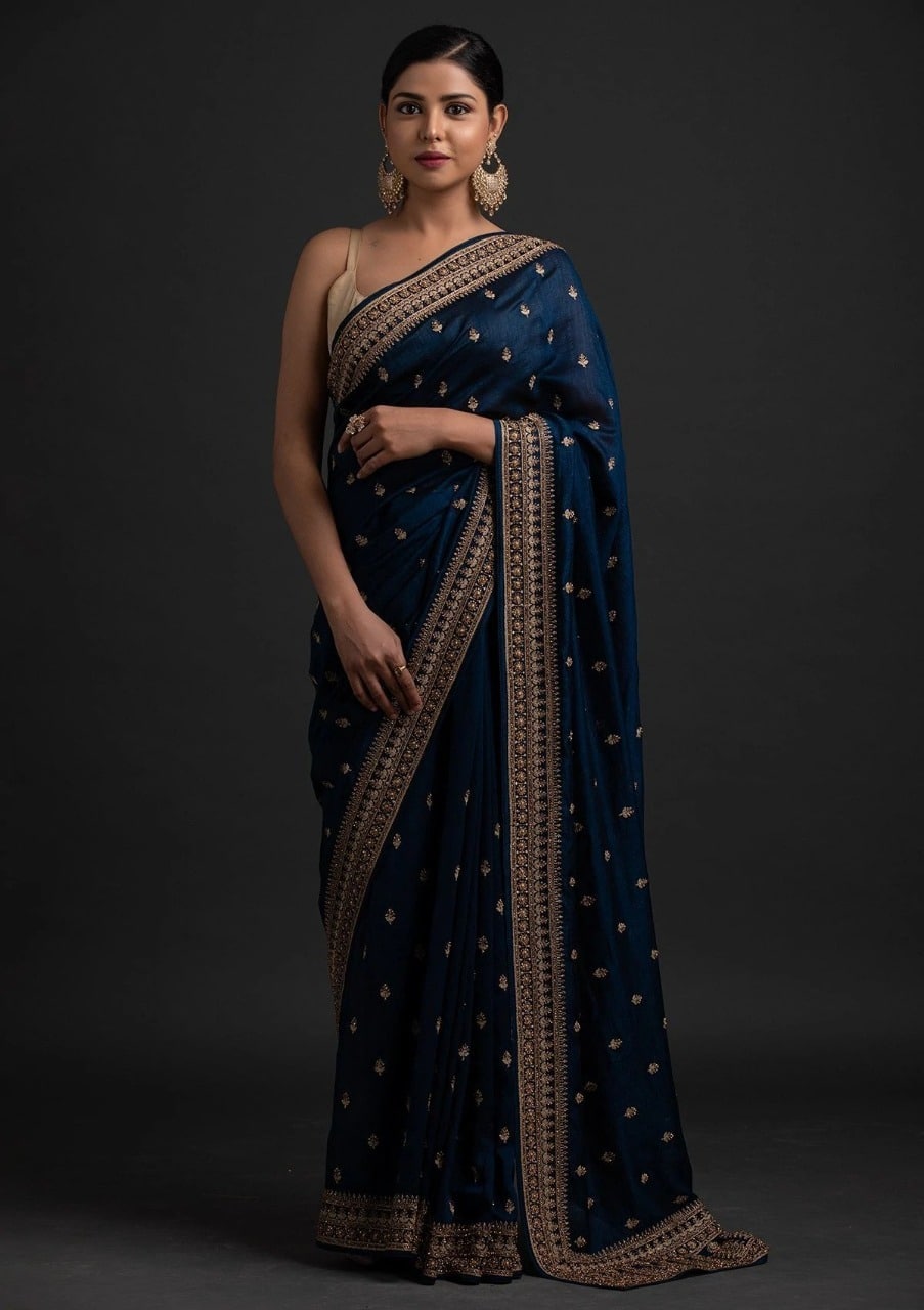 Navy Blue Saree In Vichitra Silk With Dori Zari Work