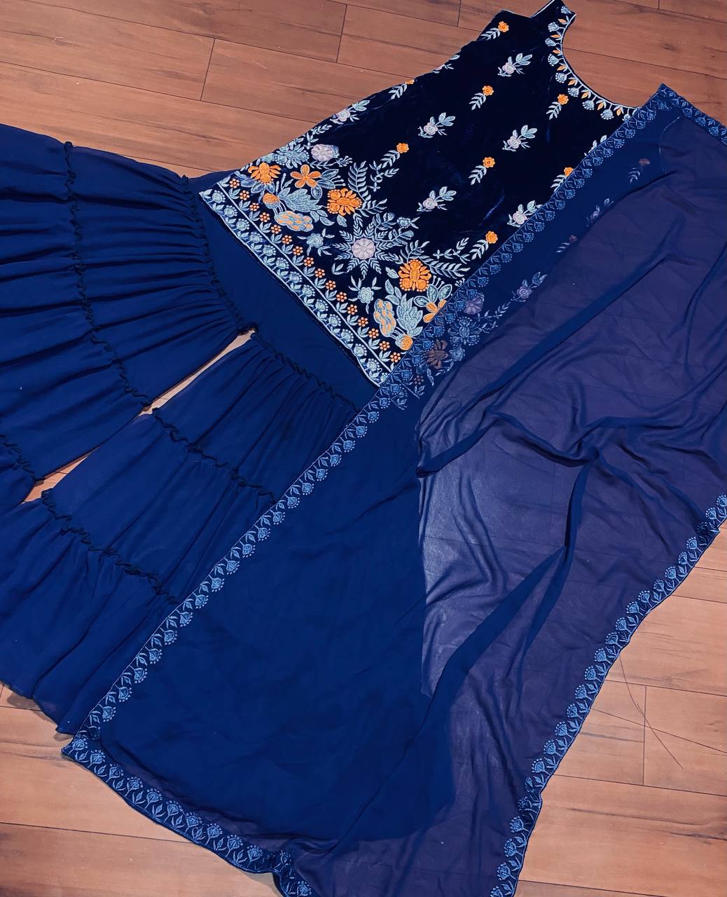 Navy Blue Sharara Suit In Viscose Velvet With Embroidery Work