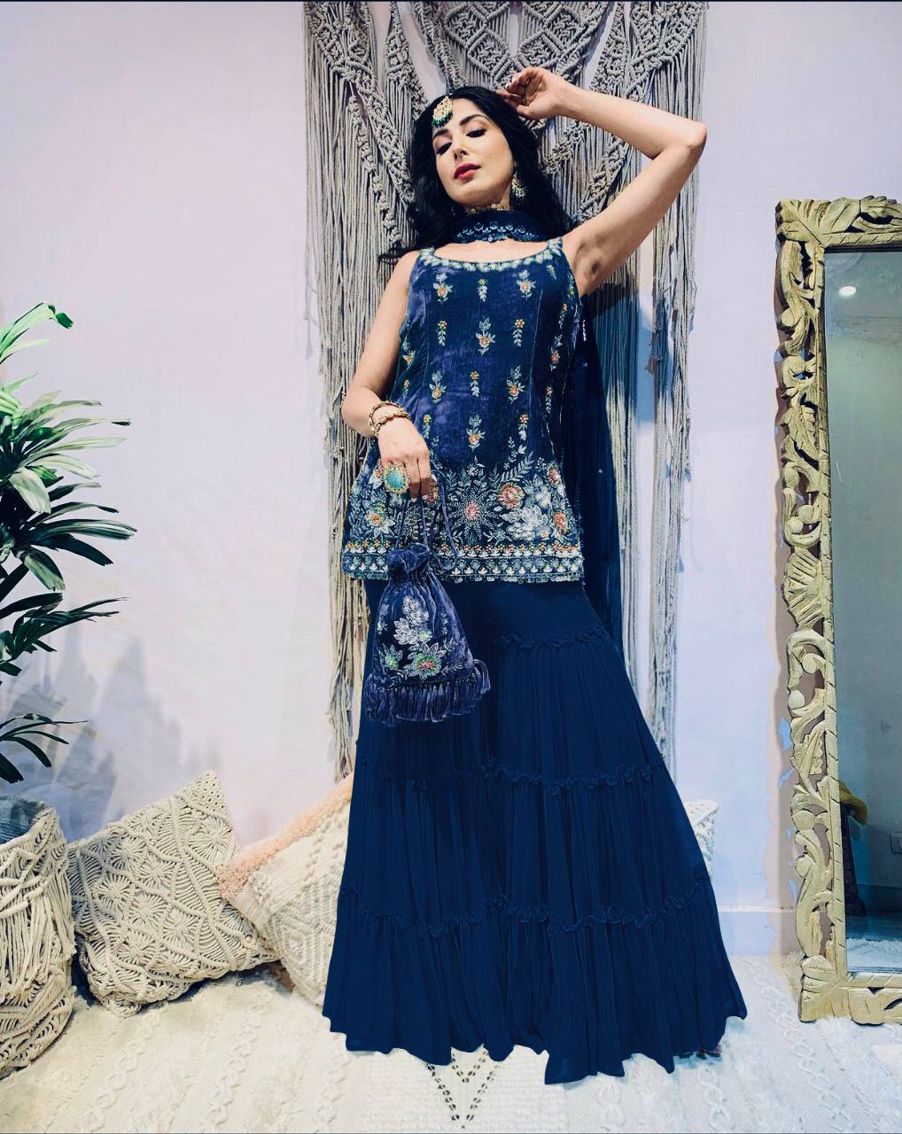 Navy Blue Sharara Suit In Viscose Velvet With Embroidery Work