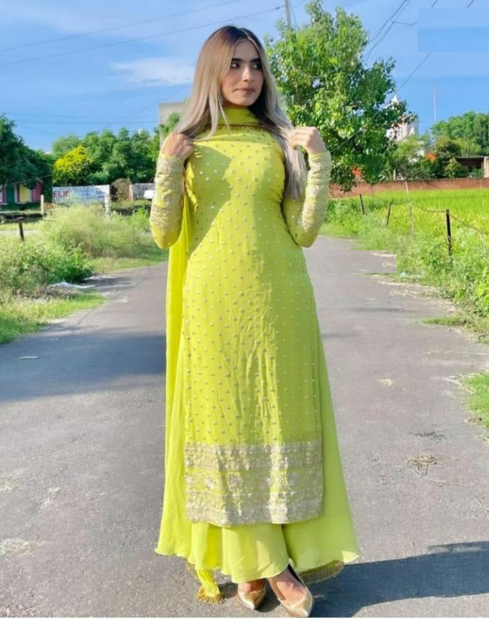 Neon Green Salwar Suit In Georgette Silk With Zari Embroidery Work